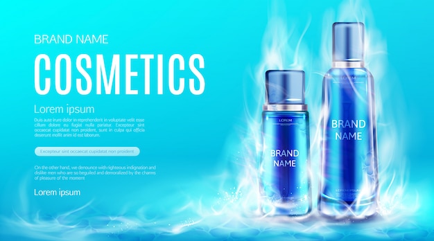 Cosmetics bottles in dry ice smoke cloud. Cooling beauty cosmetic product tubes, makeup remover, cream or tonic advertising banner template