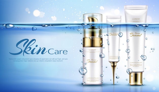 Cosmetics bottles, skin care beauty product line on transparent aqua with air bubbles.