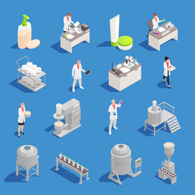 Cosmetics and detergent production isometric icons set with factory and laboratory equipment isolated