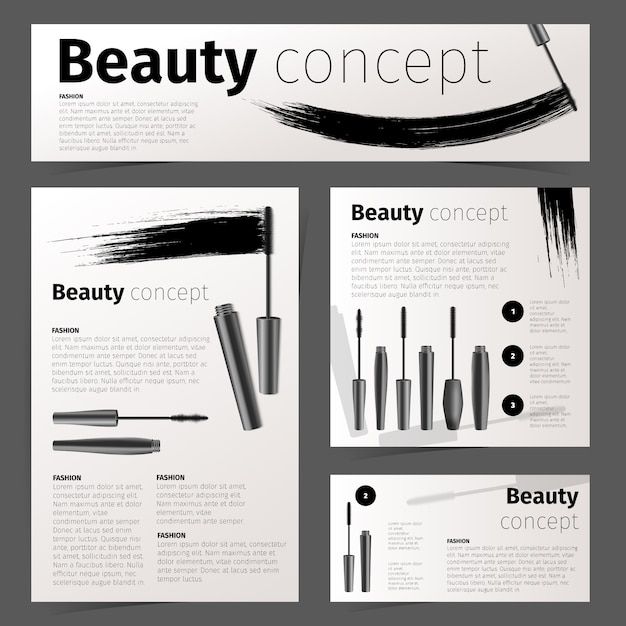 Cosmetics fashion cards, banner and flyer with realistic cosmetic objects. stationery