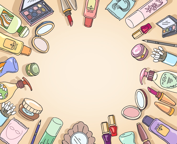 Free Vector cosmetics hand drawn top view frame vector. frame fashion, makeup cosmetic, brush eyeshadow hand drawn illustration