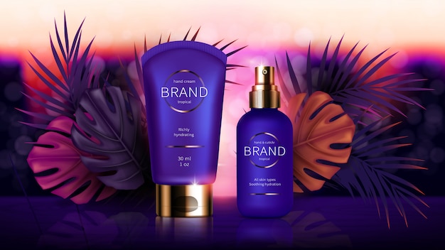 Cosmetics near tropical palm and monstera leaves