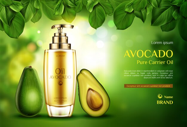 Cosmetics oil avocado. Organic product bottle with pump on green blurred with tree leaves. 