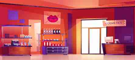 Free vector cosmetics shop with products for makeup, skincare and perfume on shelves. cartoon interior of beauty store with cashbox on counter, showcases with lotion bottles, skin care goods and lipsticks