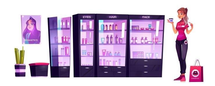 Free Vector cosmetics store assistant offer makeup or skincare production at beauty shop. saleswoman hold cosmetic cream jar stand at showcase with bottles on shelves. goods for women cartoon vector illustration