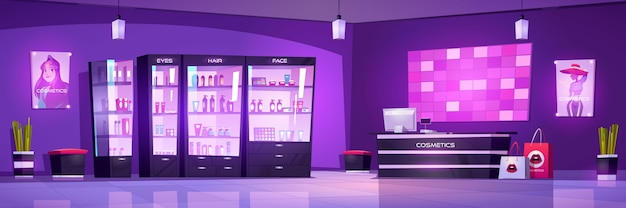 Cosmetics store interior, makeup or body care beauty shop with cosmetic bottles on showcase shelves, cashier desk with computer and fashion posters on wall