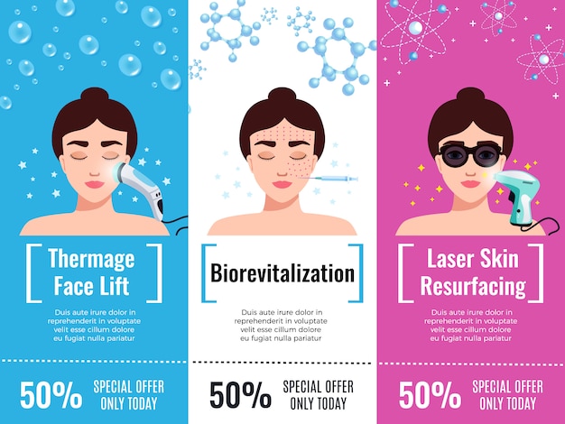 Cosmetology rejuvenation treatment discount offers flat horizontal advertisement with thermal face lift isolated