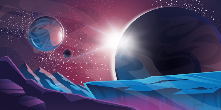 無料Vector エイリアンの惑星と山のある人けのない風景と宇宙背景