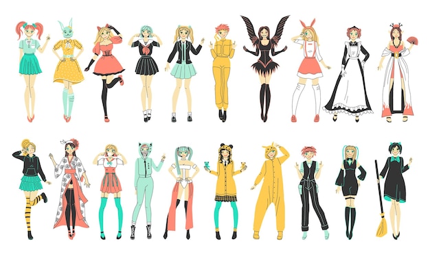 Free vector cosplay anime set with subculture symbols flat isolated vector illustration