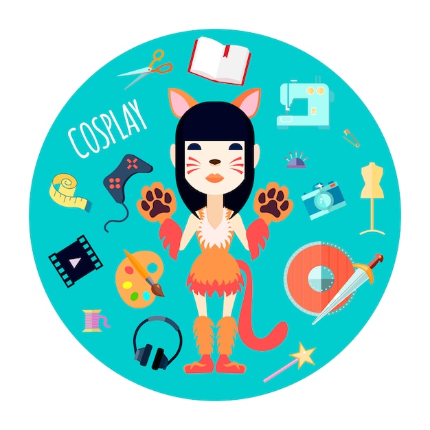 Free vector cosplayer character girl in self made cat costume and fashion accessories