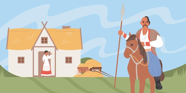 Free vector cossack flat concept with man in traditional ukranian costume riding a horse vector illustration