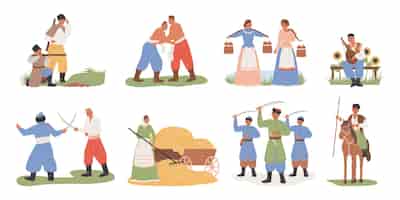 Free vector cossack people flat icons set with men and women in traditional ukranian costumes isolated vector illustration