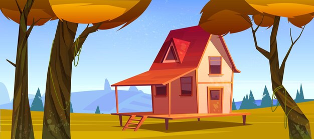 cottage in autumn forest landscape, wooden house