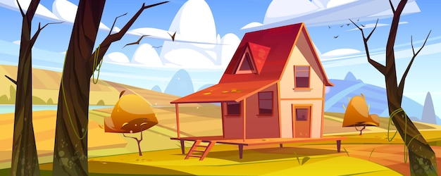 Free vector cottage in autumn forest landscape wooden house