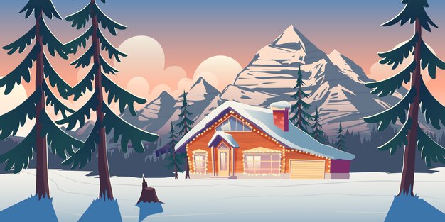 Cottage house in winter mountains cartoon illustration