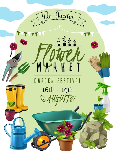Manifesto di annuncio del mercato dei fiori di festival delle piante da cottage con la data degli eventi e la pubblicità degli accessori degli strumenti del giardiniere