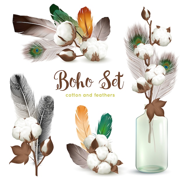 Cotton Bolls Feathers Boho Set 