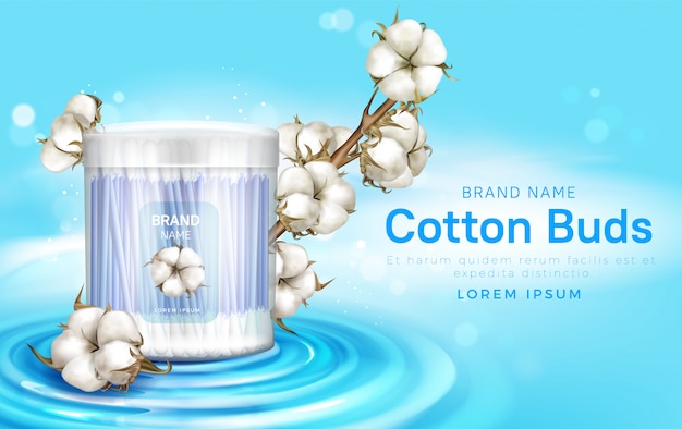 Cotton buds in container and cotton flowers