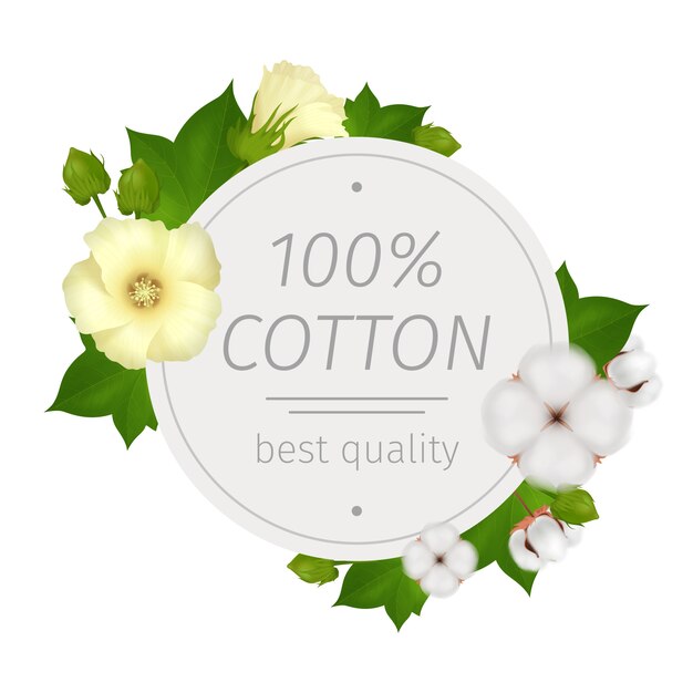 Cotton flower realistic round composition with best quality description and flowers around