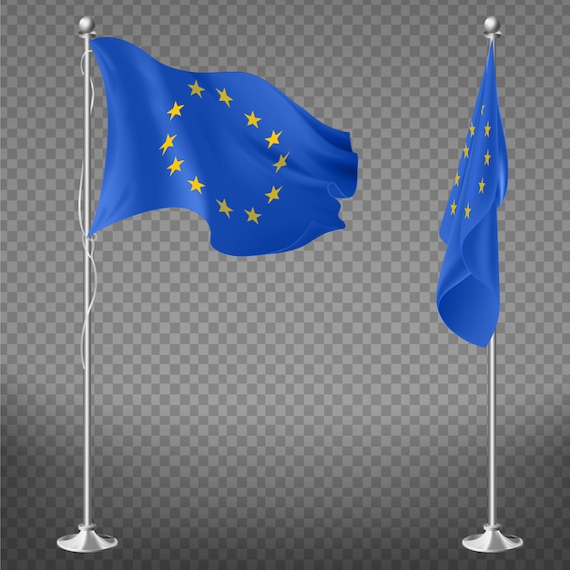 유럽위원회, 유럽 연합 또는위원회 깃발 거짓말, 깃대에 나 부 끼고 투명에 고립 된 3d 현실적인 벡터입니다. 국제기구, 기관 공식 상징
