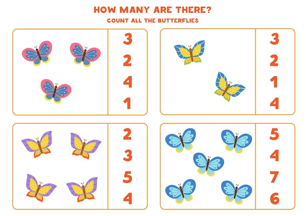 모든 화려한 나비를 세고 정답에 동그라미를 치십시오. 아이들을위한 수학 게임. 프리미엄 벡터