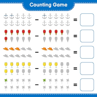 Подсчитывая игру, посчитайте количество летней шапочки, коктейля, вертушки, якоря, мороженого и запишите результат. развивающая детская игра, лист для печати, векторные иллюстрации