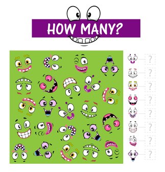 Counting game or puzzle with monster faces
