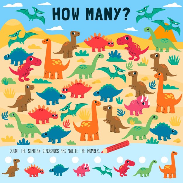 Counting game worksheet for children with dinosaurs