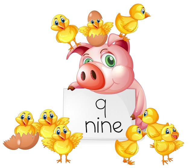 Counting number nine with pig and chicks