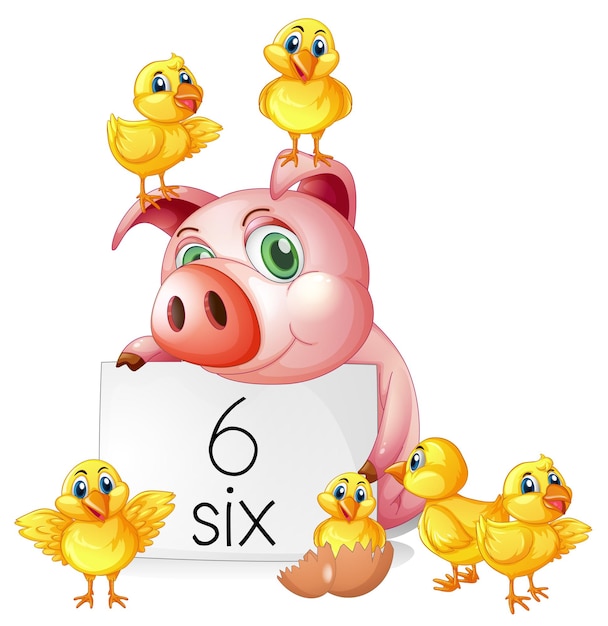 Counting number six with pig and chicks