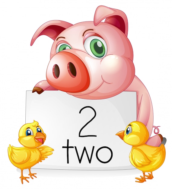 Free vector counting number two with pig and chicks