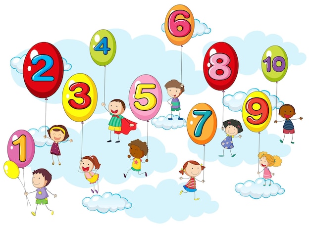 Free vector counting numbers with kids on balloons