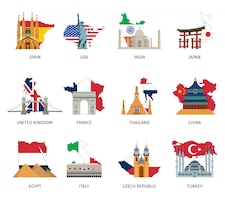 Countries flags landmarks flat icons set