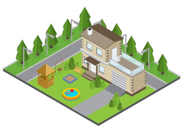 Country building with backyard swimming pool and street isometric