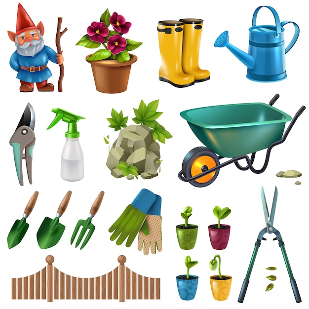 Country cottage garden accessories design elements set with hedge trimming shears flowers plants seedlings wheelbarrow 