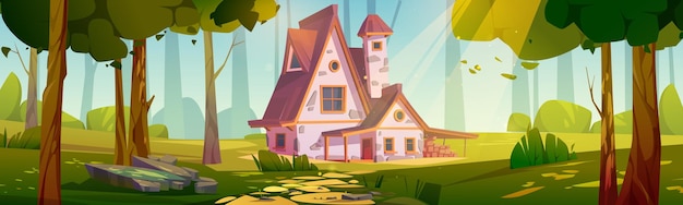 country house in green summer forest vector cartoon illustration of cozy retro cottage with chimney on roof woods landscape with trees green grass stone path and nice farmhouse on sunlit glade