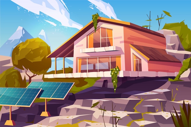 Free vector country house in mountains cartoon