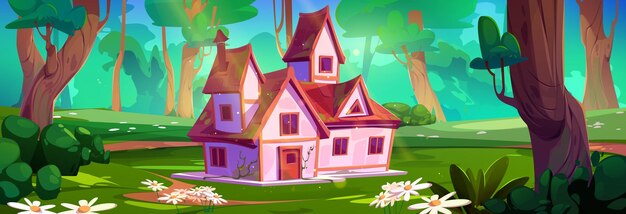 country house in summer forest on sunny day vector cartoon illustration of old cottage chimney on roof wooden door and windows flowers on glade with green grass and bushes footpath between trees