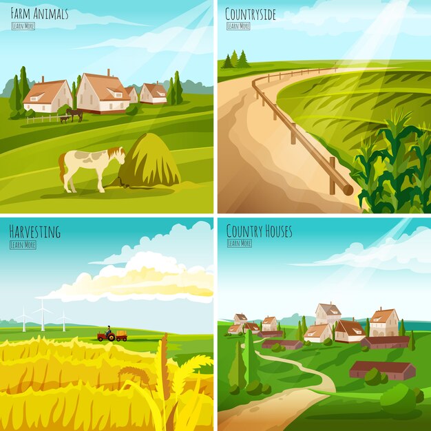 Countryside 4 Flat Pictograms Square Composition 