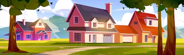 Free vector countryside houses in mountain valley