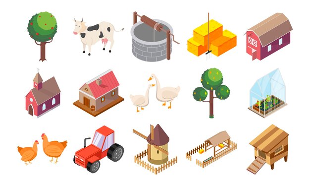 Countryside icons set with houses and nature isometric isolated vector illustration