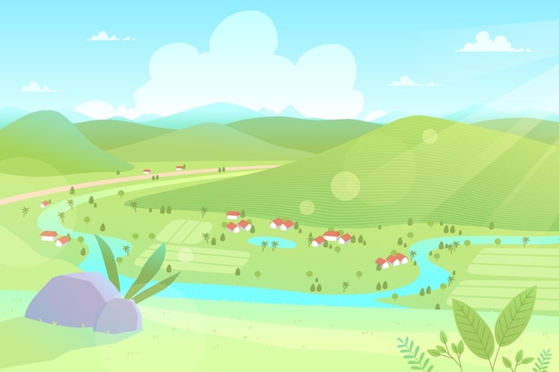 ファームと農村風景のイラスト 夏の畑や牧草地の馬 山の背景を持つ国の風景 プレミアムベクター