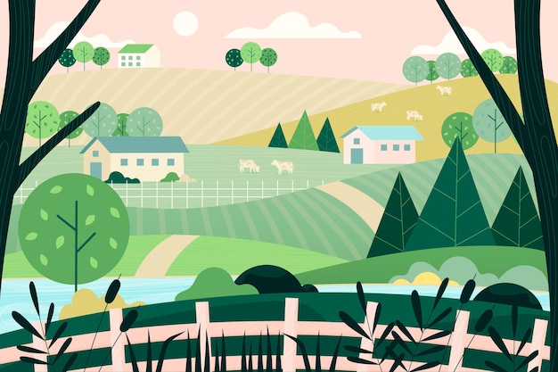 Бесплатное векторное изображение Сельский пейзаж иллюстрация