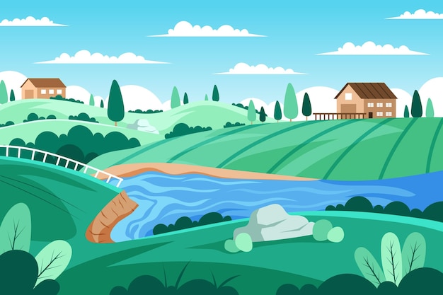 Free vector countryside landscape with river and houses