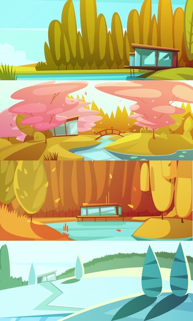 Сельские пейзажи сезонов горизонтальные фоны, установленные с зимой лето осень и весна ретро изолированных векторная иллюстрация
