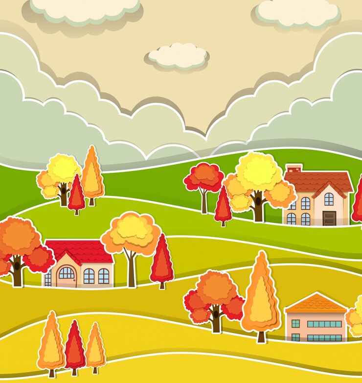 Free Vector countryside scene with houses and tree in autumn