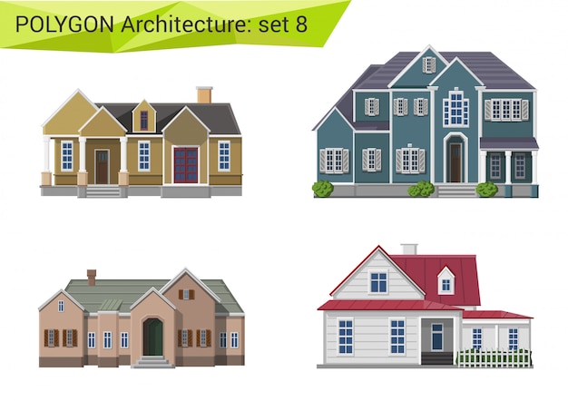 Free vector countryside and suburb houses and buildings polygonal style set.