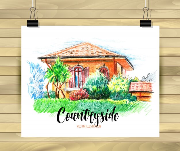 Countyside postcard with a green garden