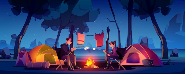 Free vector couple in camp with tent and campfire at night