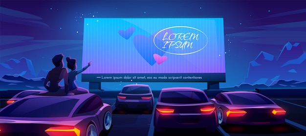 Free vector couple at car cinema, dating in drive-in theater